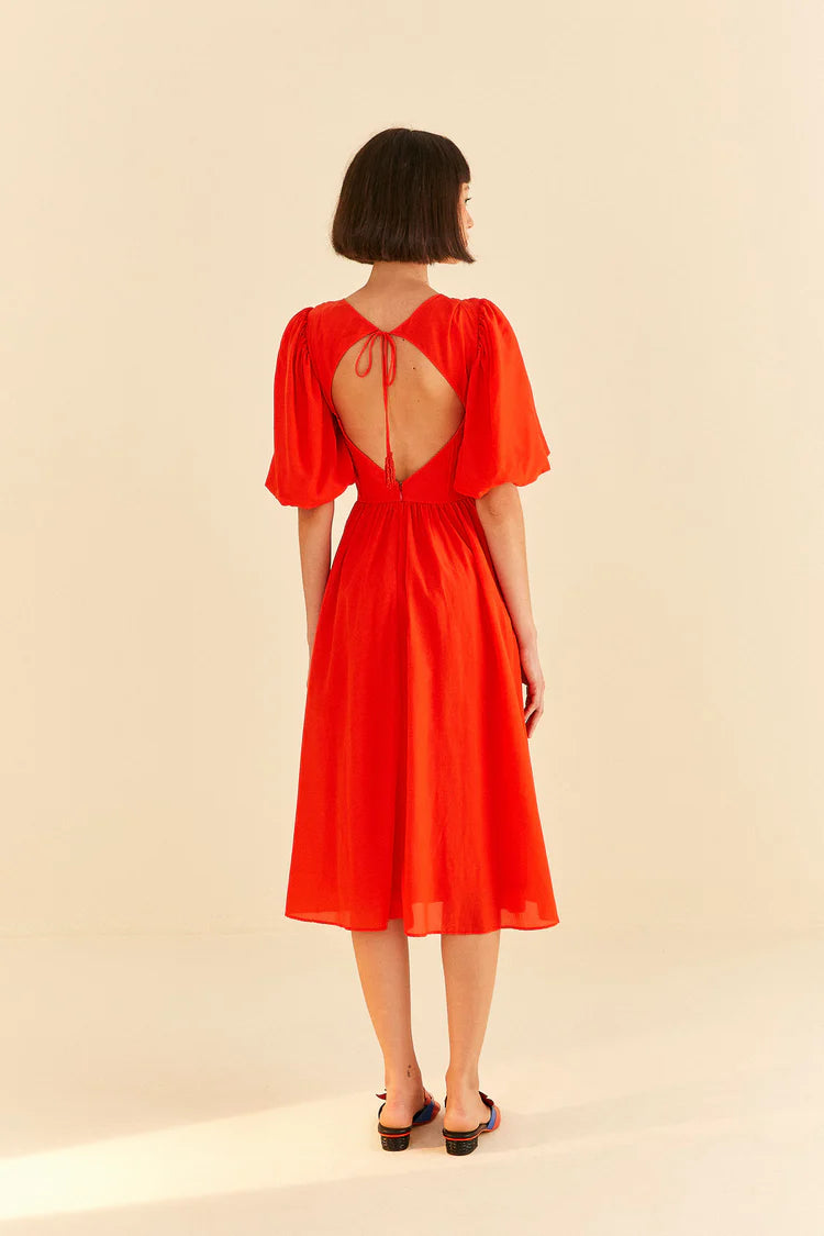 Red Short Sleeves Midi Dress