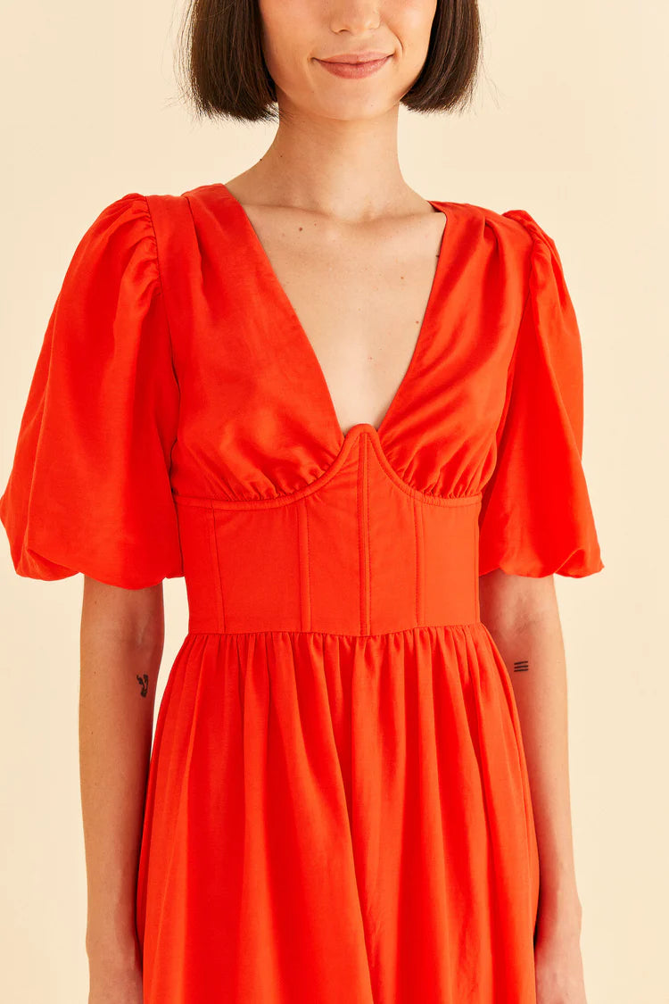 Red Short Sleeves Midi Dress