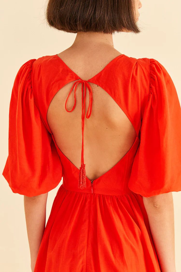 Red Short Sleeves Midi Dress