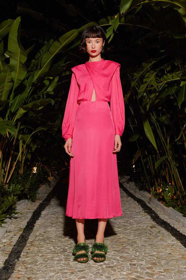 Pink Shoulder Pads Maxi Dress